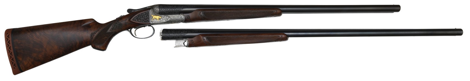 BEAUTIFULLY UPGRADED A.H. FOX 12 BORE TWO BARREL SET WITH CASE.: SN. 34625. Cal. 12ga. An exceptionally well done 2 brl set custom upgrade with 2 beavertail forends. Set 1- 32" with matted concave top rib and small brass front bead. Breech ends with 3-3/4" scroll w