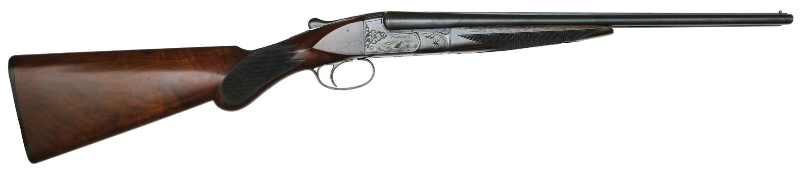 INCREDIBLY RARE ITHACA NID MODEL GRADE 2E .410 BORE SPECIAL ORDER SHOTGUN.: SN. 461194. Cal. .410ga. Built with 18-1/2" factory original steel bros that have matted concave top rib with white mid and brass front bead. Breech ends of brls with small zigzag engraving. Brl 