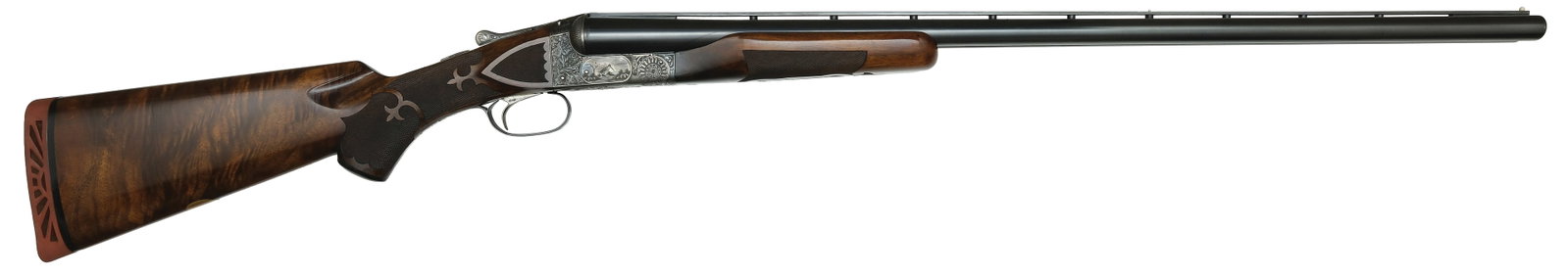 RARE FULLY OPTIONED ITHACA NID MODEL GRADE 5E 12 BORE SHOTGUN.: SN. 448975. Cal. 12ga. Built with 30" "BEST" fluid steel brls that have matted ventilated top rib with twin white beads. Breech ends of brls with small ring of engraving. Engine turned brl flats with 