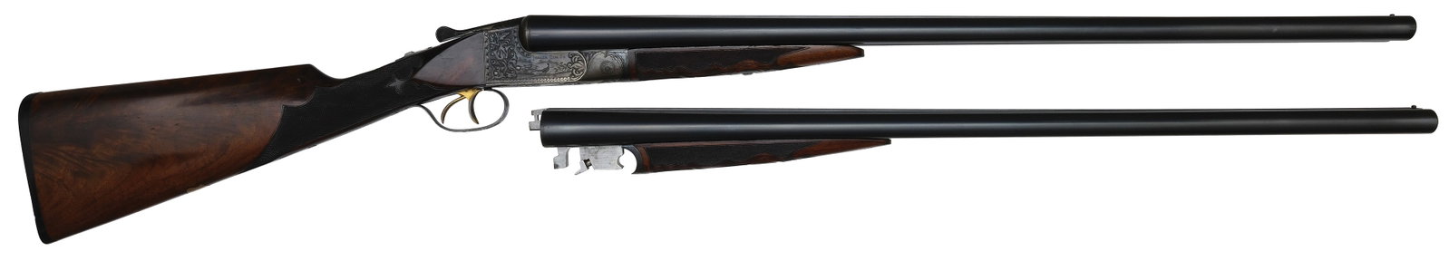 FINE AND RARE ITHACA FLUES GRADE 4E 12 BORE TWO BARREL SET.: SN. 259281. Cal. 12ga. Factory original 2 brl set with both sets having 28" Krupp brls that have matted top rib with brass front beads. Tops of brls engraved "KRUPP FLUID STEEL". Each set with it
