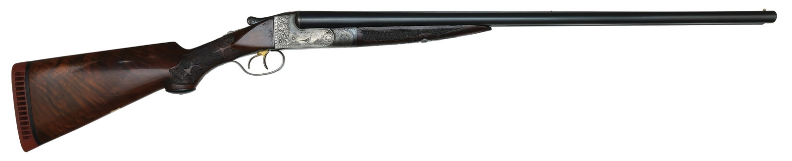 HARD TO FIND ITHACA FLUES MODEL GRADE 4E 20 BORE SHOTGUN.: SN. 351761. Cal. 20ga. Built with 26" fluid steel brls that have matted top rib with twin white beads. Splinter forend with triangular ebony tip is panel and wave border checkered with engraved and bl