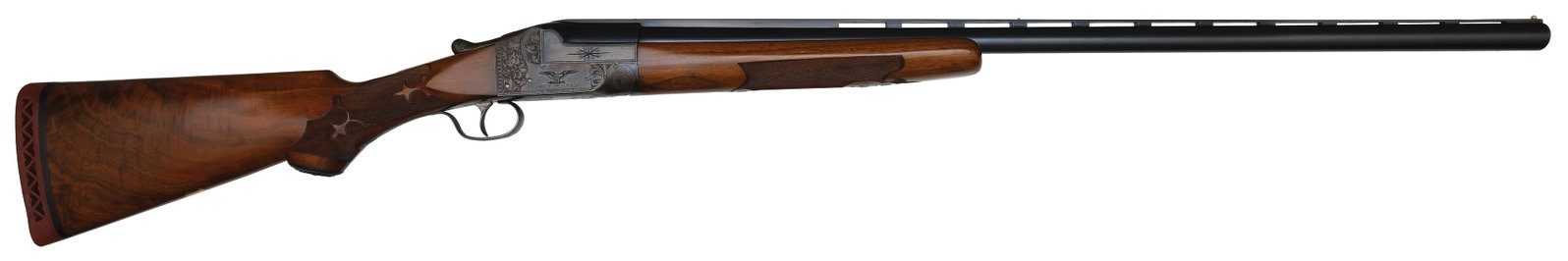 CLEAN ITHACA FLUES MODEL GRADE 4E SINGLE BARREL TRAP SHOTGUN.: SN. 2782777T. Cal. 12ga. Built with 32" ventilated rib brl that has twin white beads Sides of brl with geometric star engraving. Walnut beavertail forend has triangular ebony tip and is fleur-de-lis p