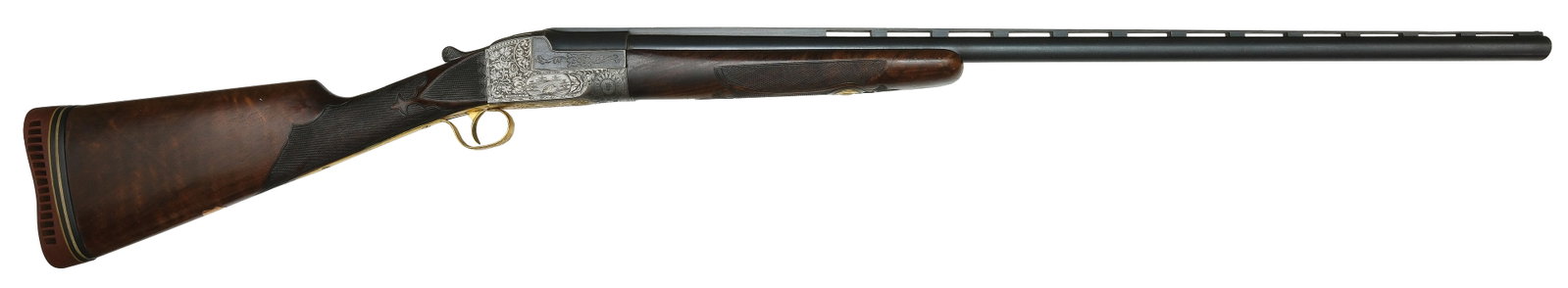 INTERESTING ITHACA FLUES MODEL GRADE 4 SINGLE BARREL TRAP 12 BORE SHOTGUN.: SN. 272909. Cal. 12ga. Built with 33-3/4" brl that has matted ventilated top rib. Breech block with light scroll on sides. Walnut forend is panel and fleur-de-lis checkered with gold washed push 