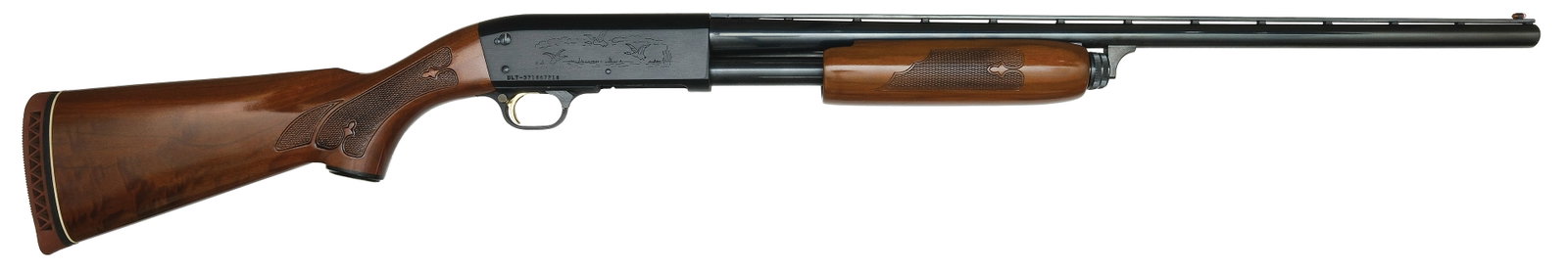 DESIRABLE ITHACA MODEL 37 ULTRA FEATHERLIGHT 20 GAUGE.: SN. ULT-371667216. Cal. 20ga. Built with 25" blued round ventilated rib brl that has fluorescent front bead. Checkered walnut forend stamped game scene engraved blued receiver. Capped pistol