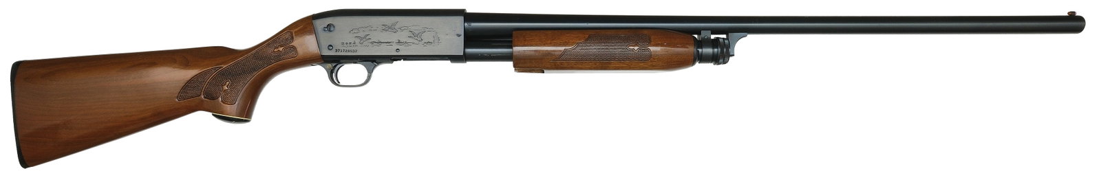 EXCELLENT HIGH ORIGINAL CONDITION ITHACA MODEL 37 FEATHERLIGHT 12 BORE SHOTGUN.: SN. 371728537. Cal. 12ga. Built with 28" blued round brl that has fluorescent front bead. Checkered walnut forend. Stamped game scene engraved. Blued receiver. White lined Ithaca branded capped p