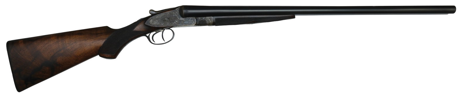 EXCEPTIONALLY FINE AND NEAR MINT L.C. SMITH EAGLE GRADE 12 GAUGE WITH CASE AND ORIGINAL PAPERWORK.: SN. 219807E. Cal. 12ga. Built with 26" fluid steel brls that have matted concave top rib with brass front bead. Tops of brls with usual maker's stamps and rib with gold inlaid bar. Breech ends of brls