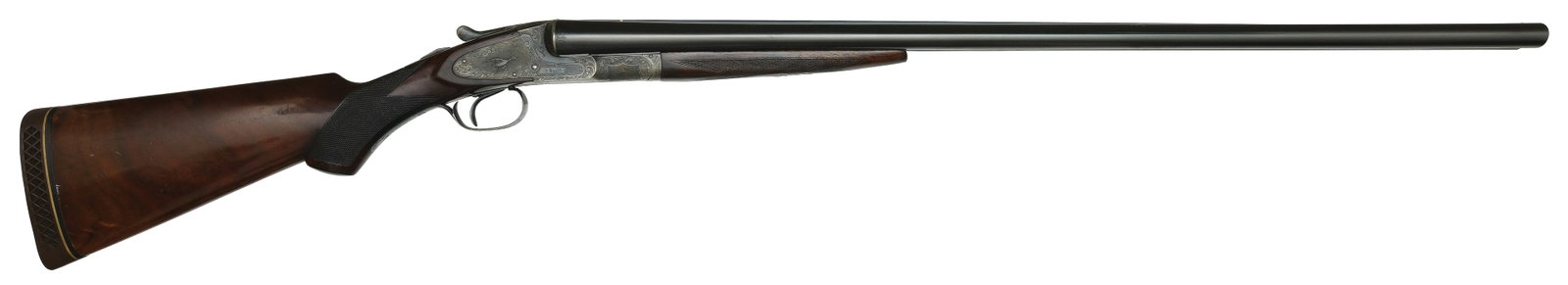 SCARCE L.C. SMITH EAGLE GRADE 12 BORE SHOTGUN.: SN. RE92492. Cal. 12ga. Built with 32" steel brls that have matted concave top rib with white mid and brass front bead. Rib extension with gold inlaid bar and breech ends with ring of scroll. Walnut s