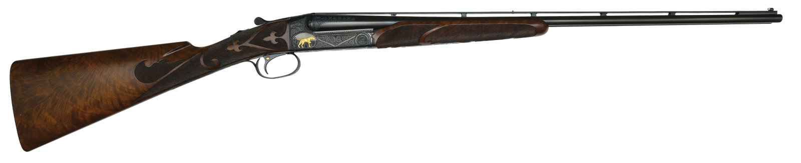 EXCEPTIONALLY FINE RARE AND DESIRABLE FACTORY DOCUMENTED WINCHESTER MODEL 21-6 WITH GOLD .410 BORE: WITH CASE. SN. 31598. Cal. .410ga. Built with 26" ventilated rib brls that have steel mid and white front bead. Rib engraved "CUSTOM BUILT BY WINCHESTER". Breech ends of brls with 2-1/2" scroll wedges