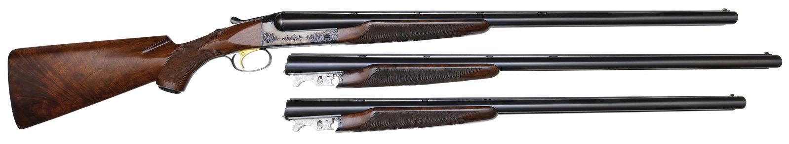 EXCEEDINGLY RARE FACTORY DOCUMENTED WINCHESTER MODEL 21-1 THREE BARREL SET WITH CASE.: SN. 32756. Cal. 12ga. Built in 1964 for noted New Jersey reinsurance executive Charles H. Pritchard Jr. This rare Model 21-1 factory original 3 brl sets with Set 1 30" in length and Sets 2&3 28" 
