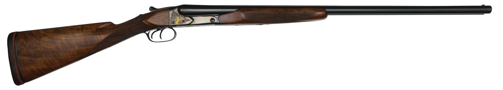 GOOD LOOKING WINCHESTER MODEL 21 16 GAUGE CUSTOM ENGRAVED WITH GOLD INLAYS.: SN. 6301. Cal. 16ga. Built with 28" brls that have matted concave top rib with steel mid and red front bead. Brl flats with usual early maker's stamps and bottom of tubes with Mod/Full choke stamps. C