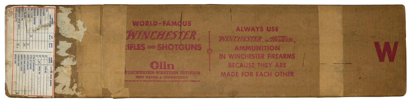 RARE FACTORY ORIGINAL WINCHESTER MODEL 21 BOX.: This box is for a Model 21 20ga duck gun SN 31367. Box with red font and original labels. Box measures 33-1/2"x8"x3". 
