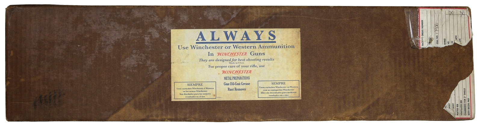 RARE FACTORY ORIGINAL WINCHESTER MODEL 21 BOX.: This box if for a 20ga gun SN 17906. Has original top label and remnants of factory end labels, serial number is visible. Box measures 31-1/2"x8"x3". 