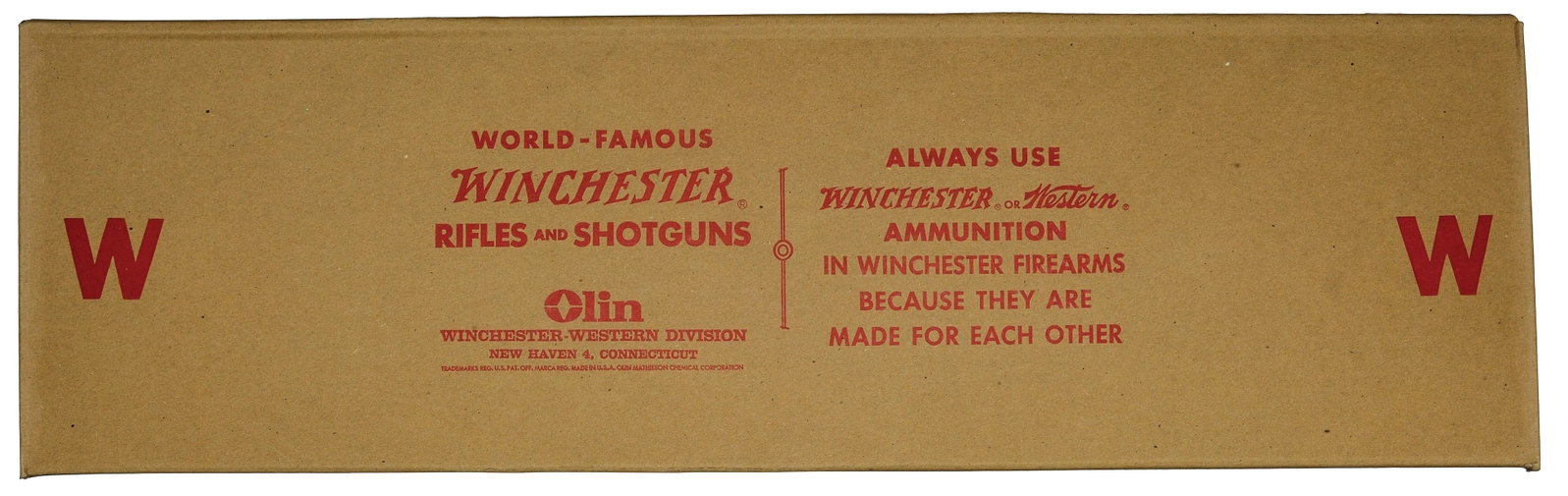 RARE WINCHESTER MODEL 21 FACTORY ORIGINAL BOX FOR A .410 BORE.: This lot is one Model 21 custom shop box that has red font. Box originally contained a Model 21 .410 bore SN 31320. Box measures 31-1/2"x9-3/4"x3". PROVENANCE: Ex. Bill Phifer Collection.