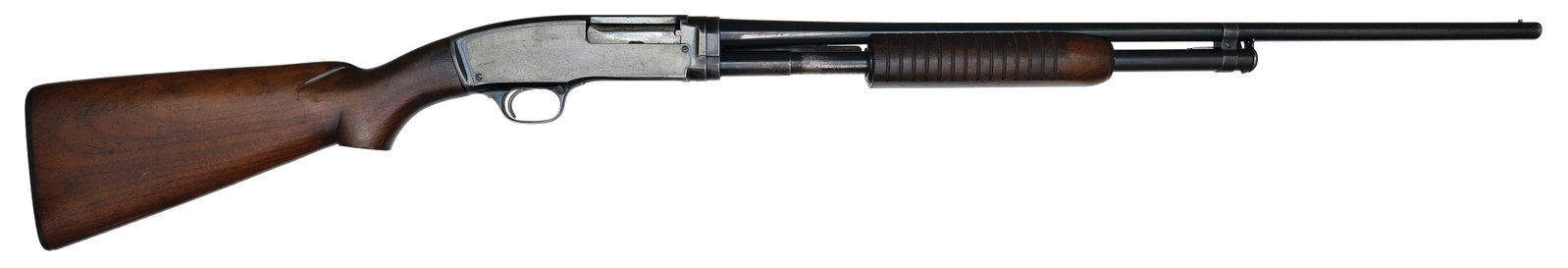 CLEAN WINCHESTER MODEL 42 .410 BORE SHOTGUN.: SN. 83148. Cal. .410ga. Built with 26" blued round brl that has usual maker's stamps on left side and proud "WP" proof stamp on top. Grooved (corn cob) walnut forend. Blued receiver. Flat knob pistol 
