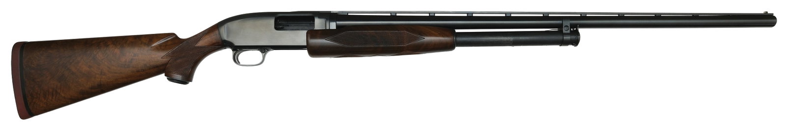 EXTREMELY FINE WINCHESTER MODEL 12 PIGEON GRADE 12 BORE SHOTGUN.: SN. 1889421. Cal. 12ga. Built with 30" square post ventilated rib brl that has twin white beads and usual maker's stamp on left side. Diamond pattern checkered walnut forend. Magazine tube engraved wi