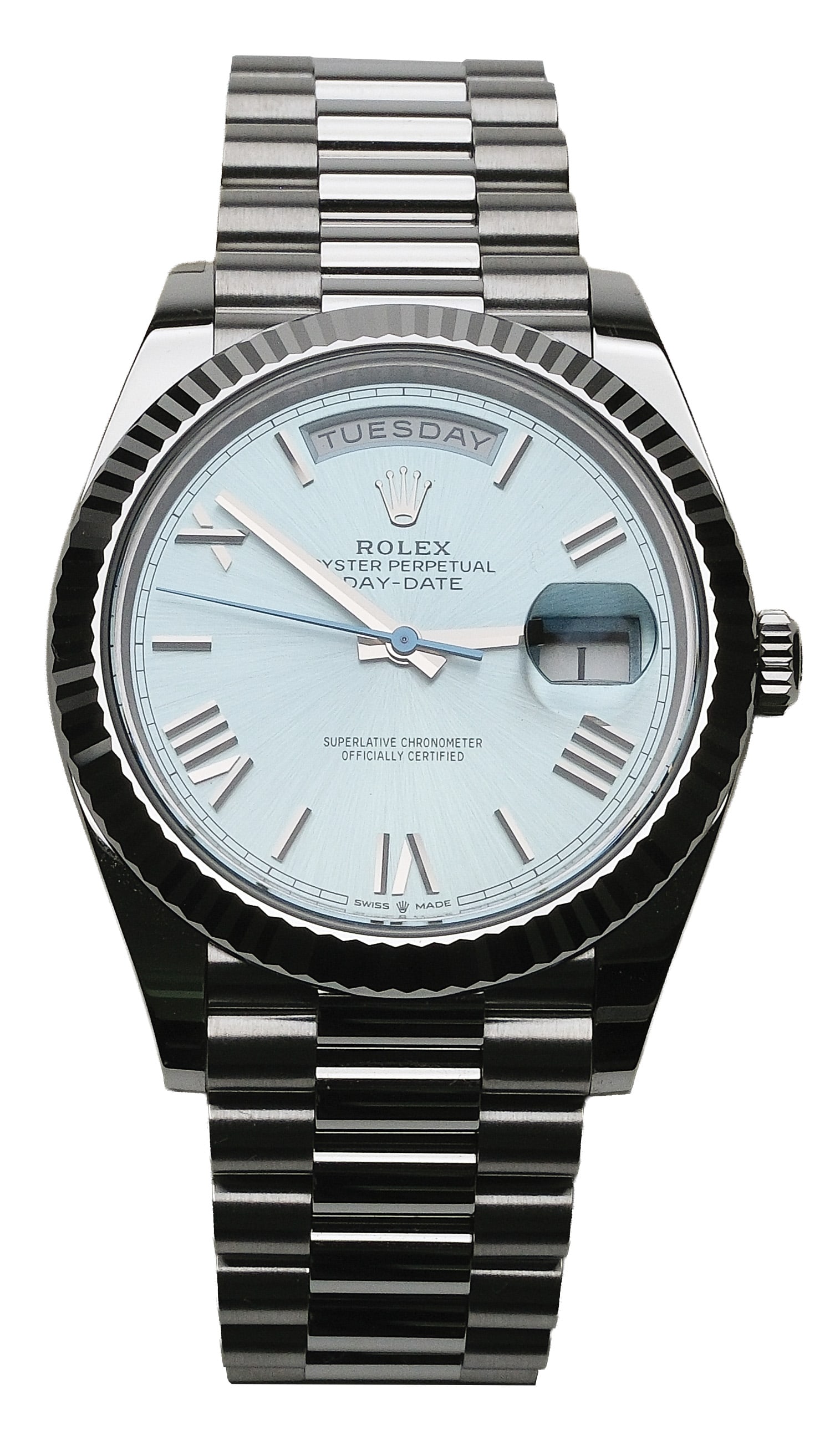 Stunning Unworn 40mm Platinum Rolex Day-Date ref. 228236: Experience unparalleled luxury with this brand new, unworn Rolex Day-Date ref. 228236, meticulously crafted from exquisite platinum. This remarkable timepiece features a striking ice blue dial wi