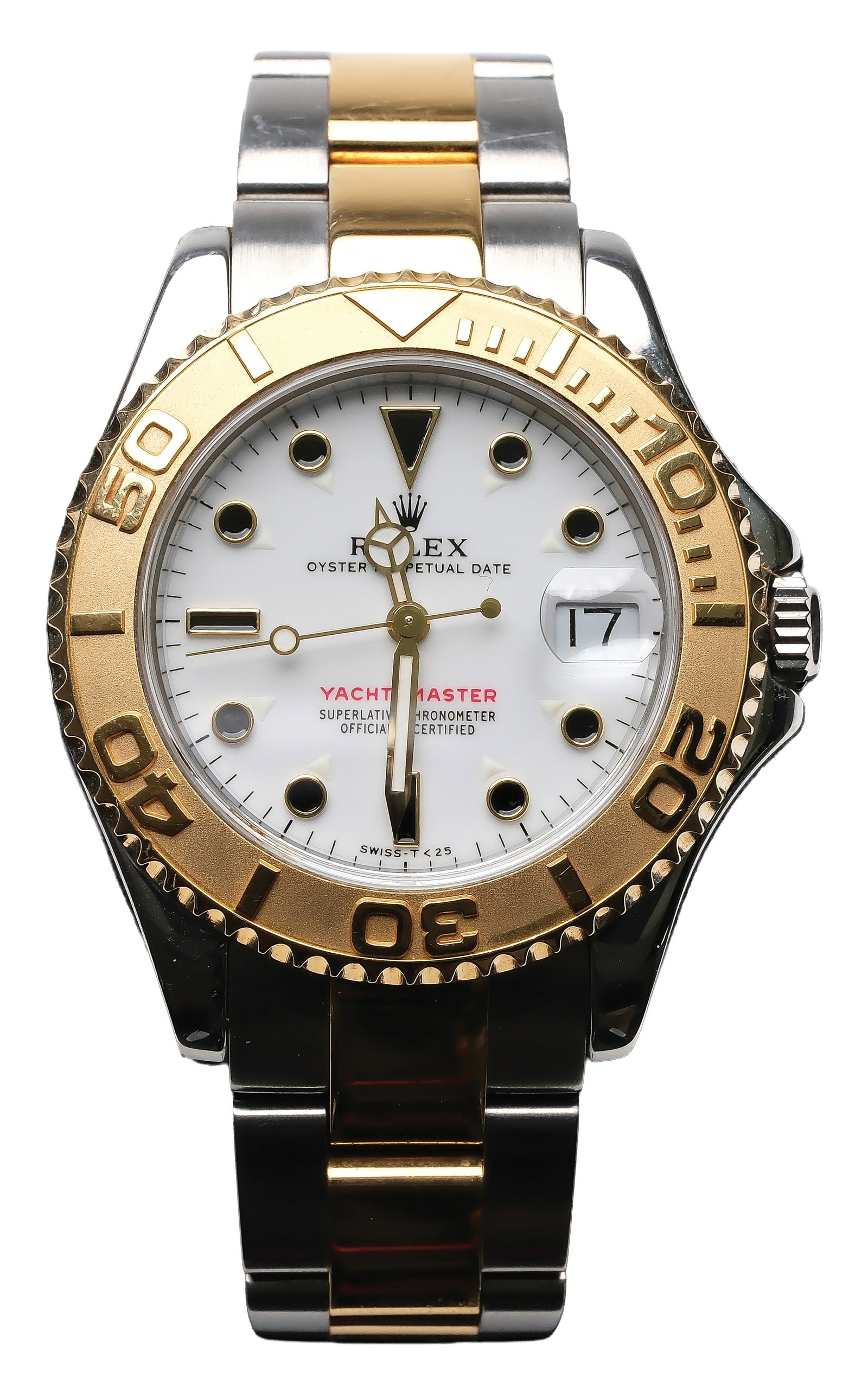 1998 Rolex Yacht Master two-tone with Rolex Case and Rolex World Service Card: Rolex 35MM yacht Master, two-tone (steel & 18k gold) luxury sports watch featuring an automatic movement, bidirectional rotating gold bezel with 60-minute markers, sapphire crystal with Cycl