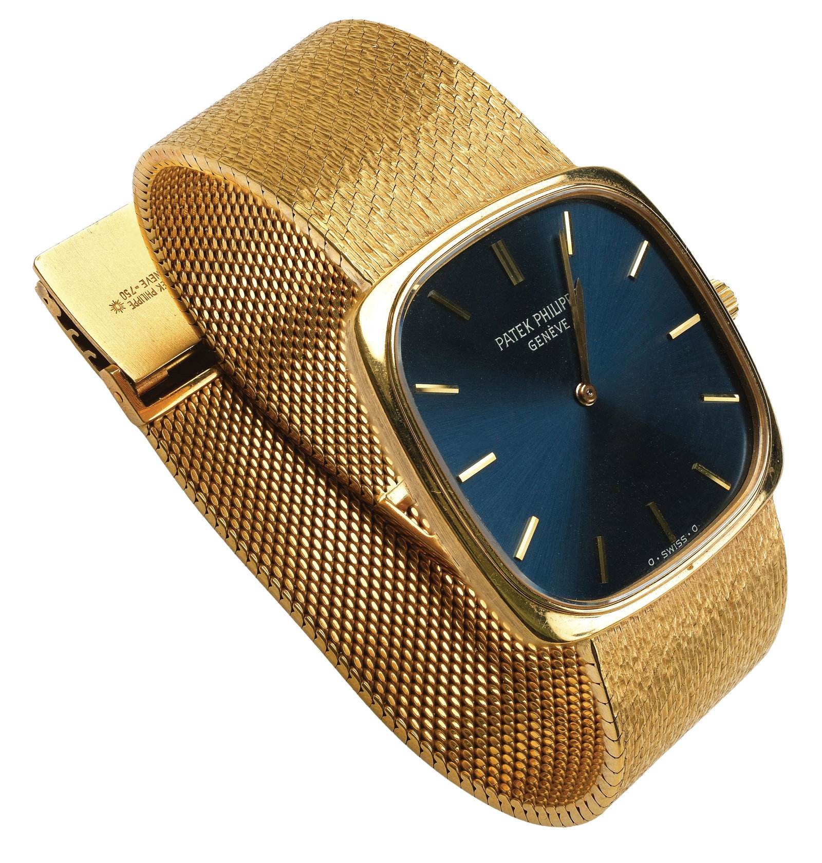 Early 1960s Rare Patek Philippe 28mm Golden Ellipse Ref. 3666: This magnificent timepiece comes with a heavy woven 18K gold bracelet, a beautiful sunburst blue gold dial outlined with an 18K gold bezel. The dial itself is constructed from a solid 18k gold plate, 