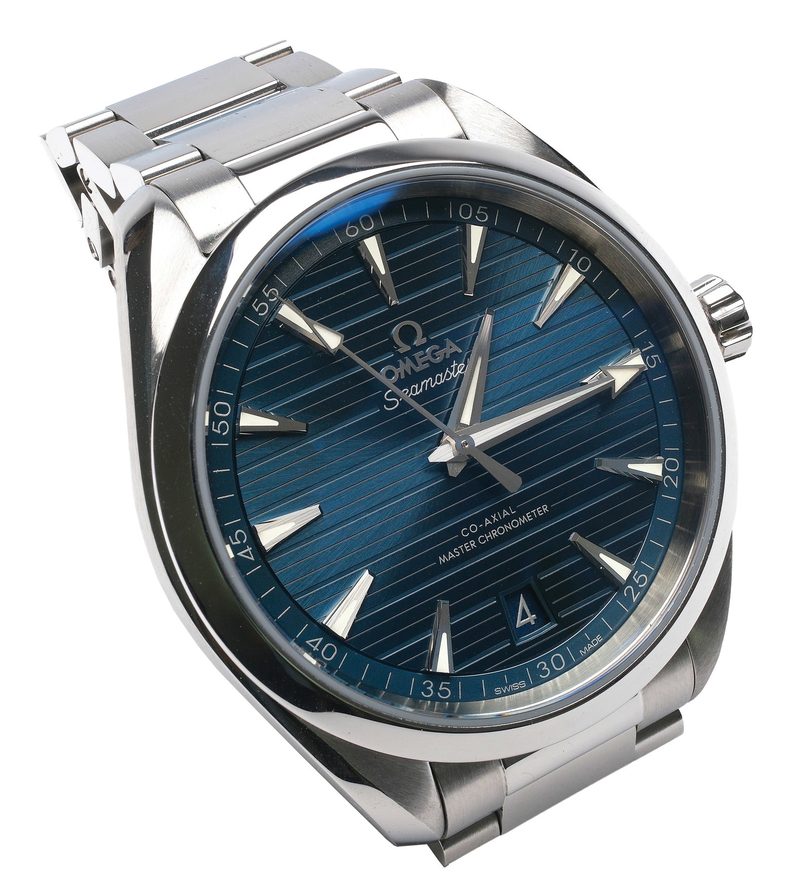 Omega Seamaster Aqua Terra Circa 2022: This Highly Capable, luxury every day watch with a distinct blue horizontal "teak" dial. made with an anti-magnetic Omega Calibre 8900 movement. Made of stainless steel. Case is round, 41mm. Smooth St