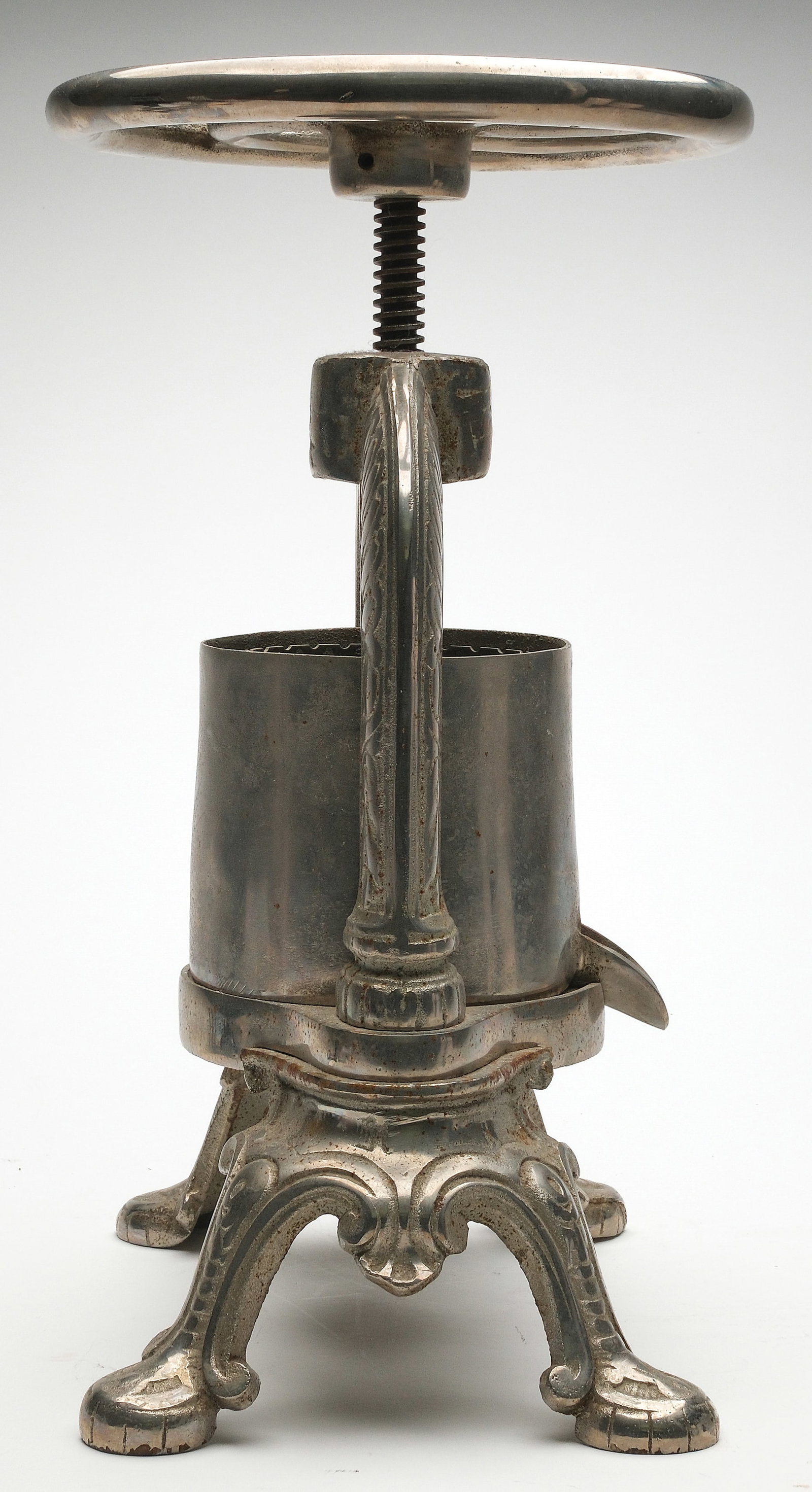 Vintage Duck Press: Polished Nickel, measures 17.75" tall by 12.5" wide at the base. Screw mechanism spins freely. Weighs approximately 35 lbs.