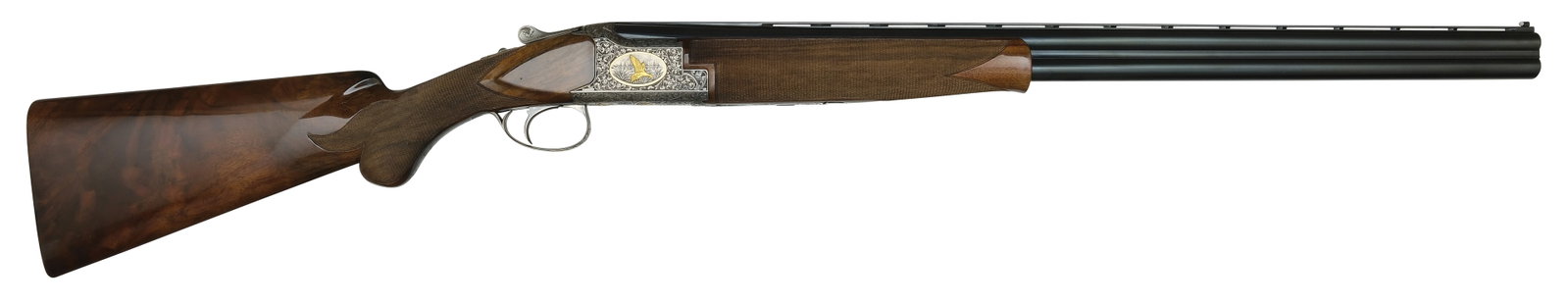 SPECTACULAR BROWNING EXHIBITION 20 BORE SHOTGUN WITH CASE.: SN. 7425V77. Cal. 20ga. An absolute ONE OF ONE - Built in 1977 right at the transition era from Exhibition to the P-series with 26-1/4" brls that have matted tapered ventilated rib with white fro