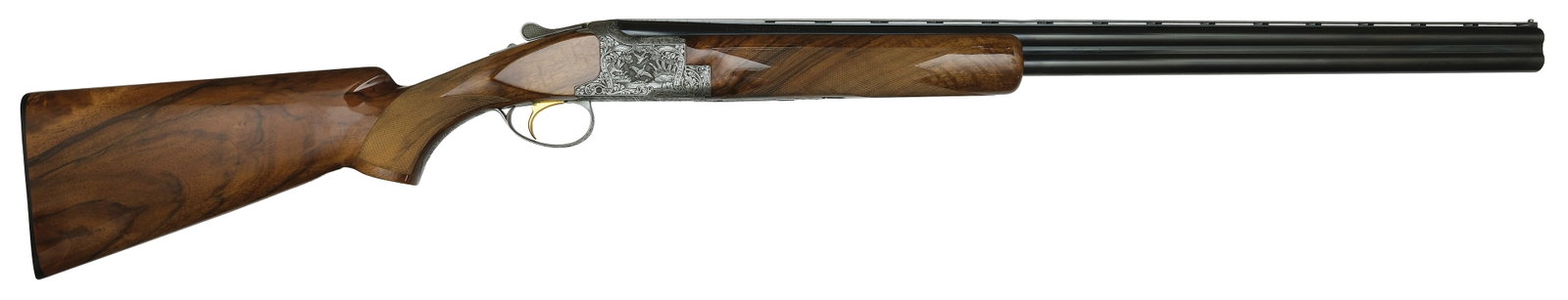 EXCEPTIONAL BROWNING DIANA GRADE 20 GAUGE SHOTGUN WITH CASE.: SN. 5319V74 Cal. 20 ga. Built with 28” barrels with ventilated rib with steel front bead. Barrels choked Mod and Full. Field style walnut forend, checkered in point pattern, has engraved push bu