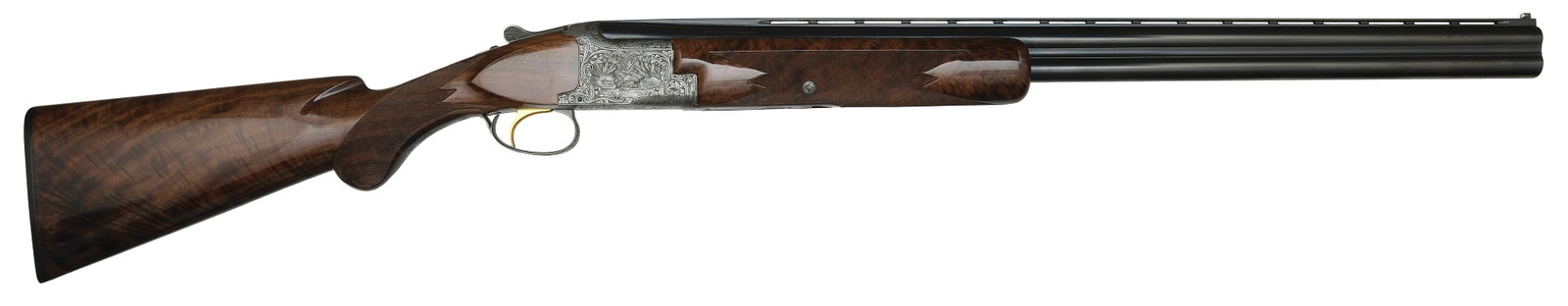 ATTRACTIVE BROWNING SUPERPOSED DIANA GRADE 12 BORE ENGRAVED BY A. MARECHAL SHOTGUN WITH CASE.: SN. 43833S5. Cal. 12ga. Built with 28" brls that have slightly raised matted ventilated top rib with twin white beads. Brl lumps are relief floral scroll engraved. Left side with Imp. Cyl/Mod cho