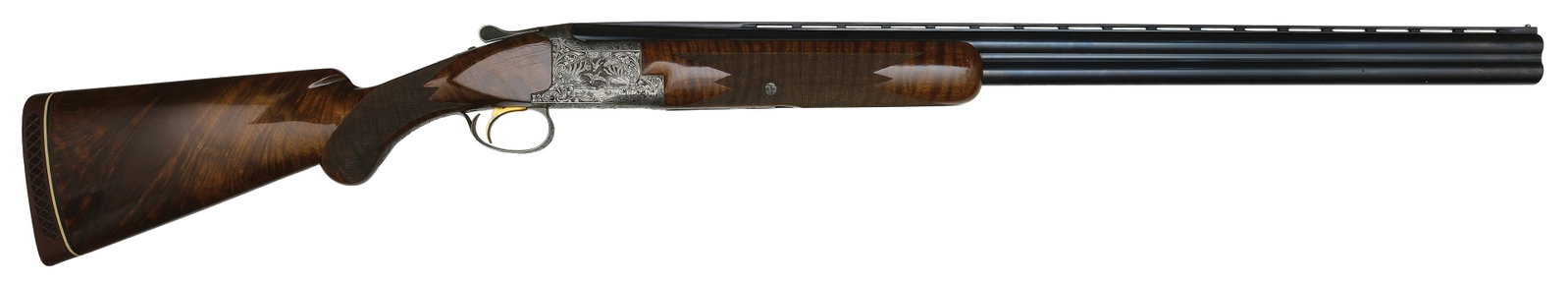 FINE BROWNING SUPERPOSED DIANA GRADE 12 BORE MAGNUM SHOTGUN WITH ORIGINAL BOX.: SN. 50288S6. Cal. 12ga. Built with 30" brls that have narrow matted top rib with brass front bean. Brls with Full/Full choke markings "*" and "*". Field style walnut forend checkered in point pat