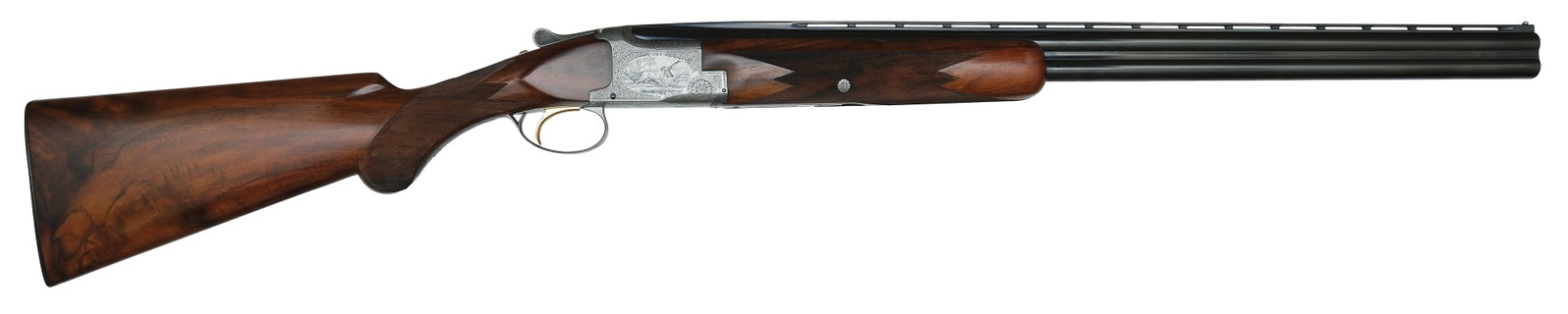 BEAUTIFUL AND RARE BROWNING SUPERPOSED POINTER GRADE 20 BORE SHOTGUN WITH CASE.: SN. 28867V3. Cal. 20ga. Built with 26-3/8" brls that have slightly raised matted ventilated top rib with brass front bead. Brl lumps are nicely scroll engraved. Left side with Imp. Cyl/Mod c