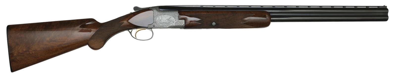 VERY FINE WATRIN ENGRAVED 12 BORE BROWNING SUPERPOSED POINTER GRADE WITH CASE.: SN. 14081S3. Cal. 12ga. Built with 26-3/8" brls that have slightly raised matted ventilated top rib with brass front bead. Brl lumps are nicely scroll engraved. Left side with Skeet/Skeet choke s