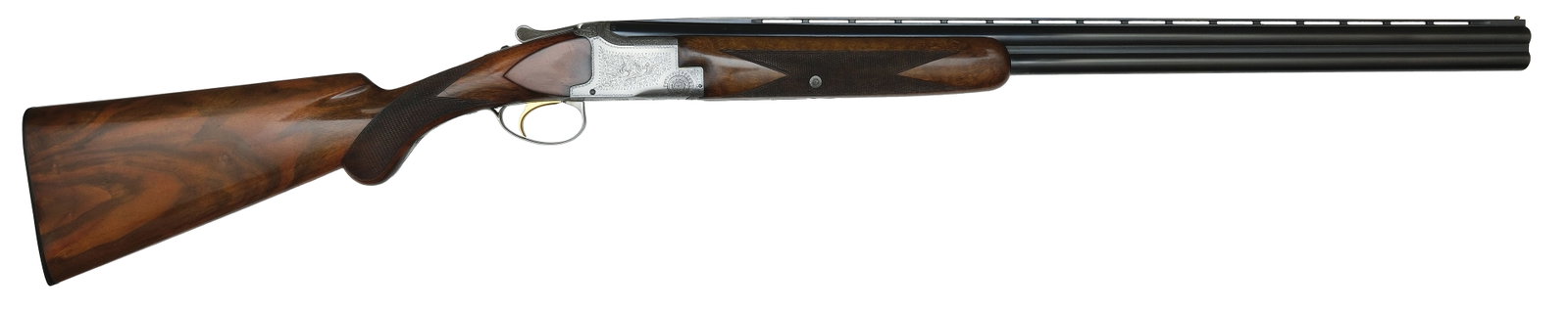 RARE BROWNING SUPERPOSED 20 BORE PIGEON GRADE MAGNUM ENGRAVED BY FUNKEN WITH CASE.: SN. 12245. Cal. 20ga. Built with 28" brls that have slightly raised matted ventilated top rib with brass front beads. Breech ends of brls with usual makers stamps including factory 3" chamber stamp. B