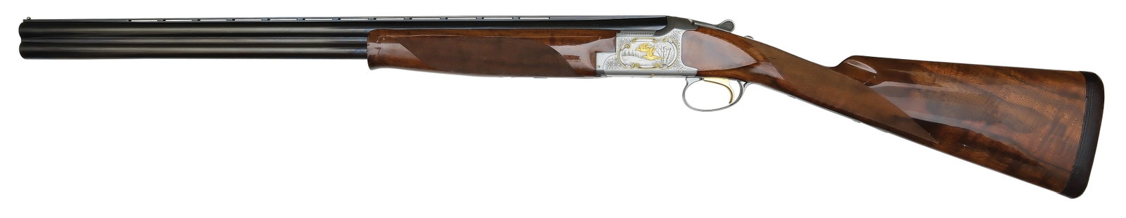 GORGEOUS GOLD INLAID BROWNING B25 20 BORE SUPERLIGHT.: SN. 242PP51071. Cal. 20ga. Built with 26" brls that have slightly raised matted rib with small steel front bead. Brls with Invector chokes and lumps are cross hatch engraved. Schnabel tipped walnut Su