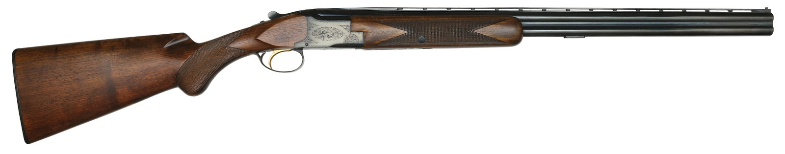FIELD CHOKED BROWNING SUPERPOSED LIGHTNING 20 BORE GAME GUN.: SN. 42563V6. Cal. 20ga. Built in 1966 with 26-3/8" ventilated rib brls with steel front bead. Left brl lump with "**-" (Imp. Cyl.) and "**" (Mod.) choke stamps. A small oval has been attached to botto