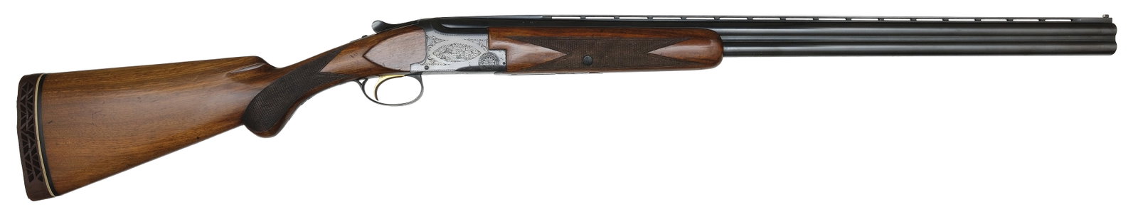 VERY GOOD EARLY PRODUCTION BROWNING SUPERPOSED FIELD CHOKED 20 BORE SHOTGUN.: SN. 10341. Cal. 20ga. Built with 28" brls that have slightly raised matted ventilated top rib with brass front bead. Field style walnut forend is point pattern checkered on sides with lightly eng