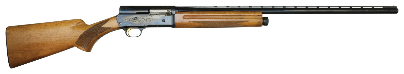 NEAR MINT BROWNING A-5 MAGNUM TWENTY.: SN. 7X7117. Cal. 20ga. Built with 27-1/2" blued brl that has slightly raised matted ventilated top rib with steel front bead. Usual maker's and proof stamps on left side of brl. Finger groove walnut f