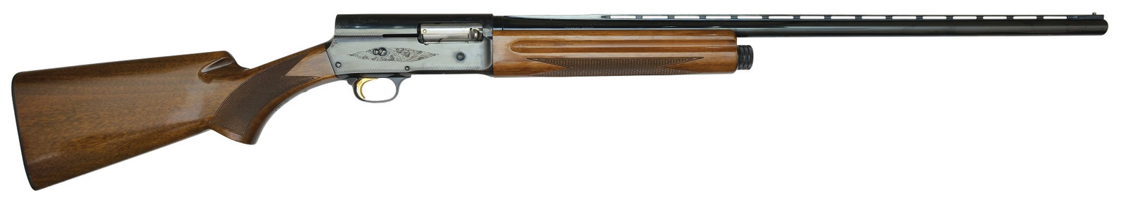 EXCELLENT BROWNING A-5 MAGNUM 20 BORE SHOTGUN.: SN. 71X43398. Cal. 20ga. Built with 27-3/8" blued brl that has slightly raised matted ventilated top rib with steel front bead. Usual maker's and proof stamp on left side of brl. Finger groove walnut 