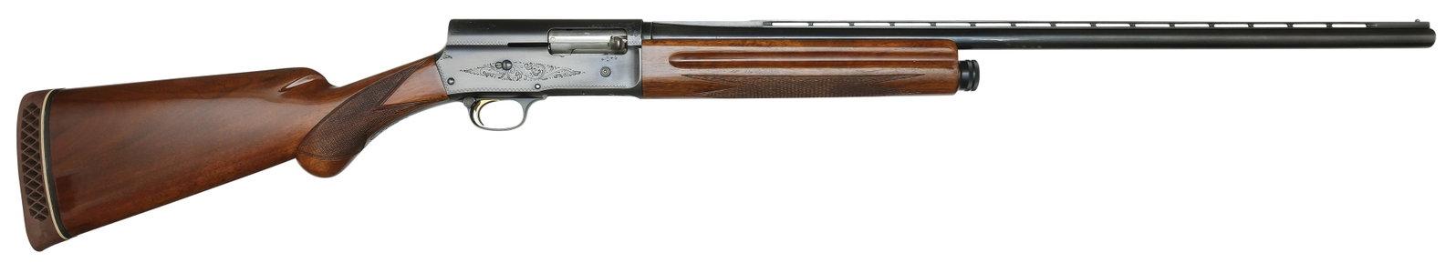 VERY GOOD BROWNING A-5 20 BORE SHOTGUN.: SN. 9Z21717. Cal. 20ga. Built with 27-1/2" blued brl that has slightly raised matted ventilated top rib with steel front bead. Usual maker's and proof stamp on left side of brl. Finger groove wal