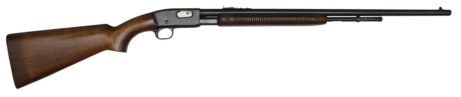 EXCELLENT REMINGTON MODEL 121 "FIELDMASTER".: SN. 50764. Cal. .22 L.S.LR. Built with 24" blued round brl that has brass front bead. Left side of brl stamped "22 CAL S.L.LR". Grooved walnut forend. Blued receiver. Left side with usual maker's