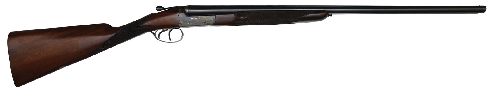 GOREOUS 20 BORE WESTLEY RICHARDS GOLD NAME WITH CASE.: SN. GN121. Cal. 20ga. Built with 27" blued steel brls that have slightly raised matted top rib with small brass front bead. Tops of brls engraved "WESTLEY RICHARDS & CO. LTD." on right and "BIRMINGHAM