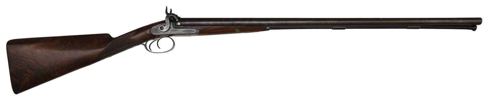 BEAUTIFUL WESTLEY RICHARDS 16 BORE MUZZLELOADER WITH ORIGINAL CASE AND ACCESSORIES.: SN. 5503. Cal. 16ga. A very rare and near complete example built with 29-3/8" laminated steel brls that have concave top rib with small brass front bead. Rib engraved "WESTLEY RICHARDS 170 NEW BOND ST