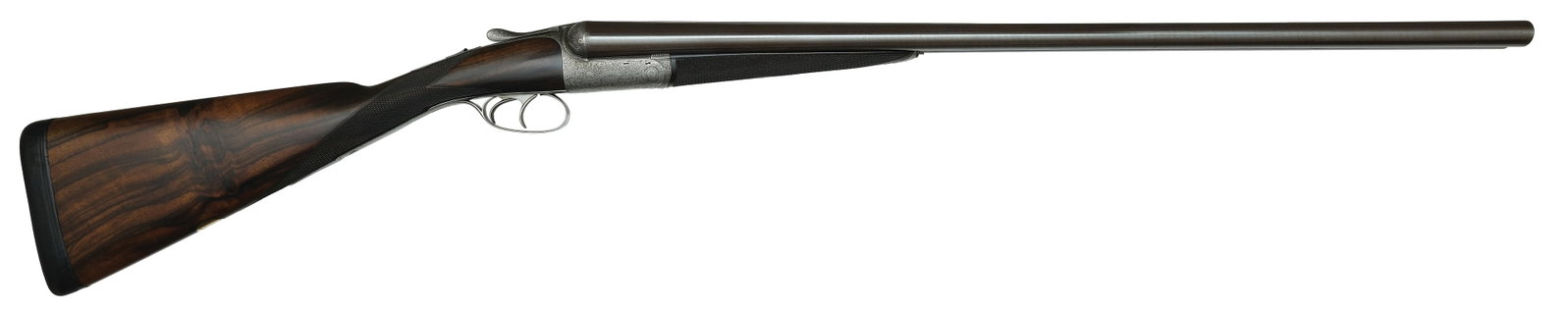 LOVELY JOHN DICKSON & SON ROUND BODY 12 BORE SHOTGUN WITH CASE.: SN. 4988. Cal. 12ga. Built with 29" damascus brls that have concave top rib with steel front bead. Rib engraved "JOHN DICKSON & SON. 63 PRINCES STREET EDINBURGH" and has burst of scroll with gold inla