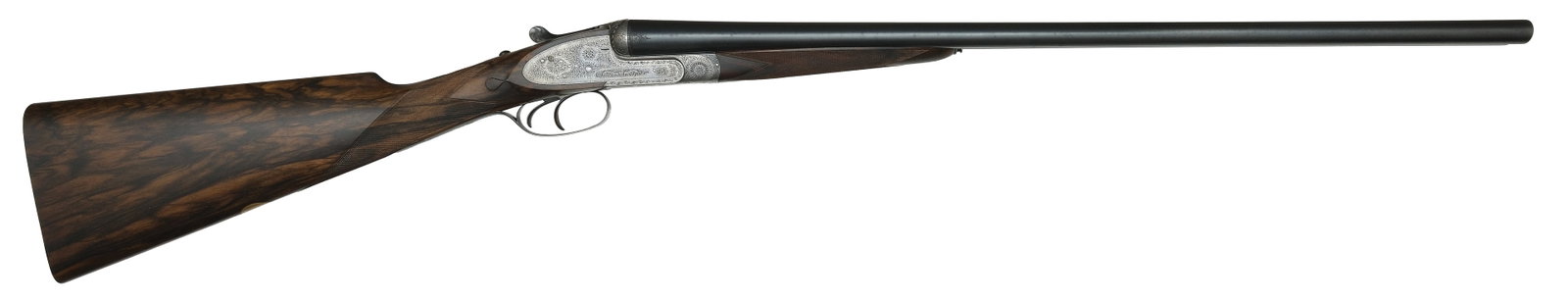 SCARCE FREDRICK BEESLEY 16 BORE GAME GUN WITH CASE AND ITS ORIGINAL STOCK.: SN. 2260. Cal. 16ga. Built with 27" chopperlump brls that have narrow concave top rib with white front bead. Brls engraved in English script "F. BEESLEY" on top of right tube and "2 ST JAMES'S ST