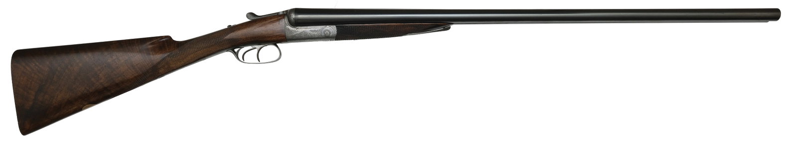 GORGEOUS LIGHTWEIGHT JAMES MACNAUGHTON 12 BORE ROUND BODY GAME GUN WITH CASE.: SN. 1897. Cal. 12ga. Built with 30" steel brls that have concave top rib with small brass front bead. Remnants of rib legend remains along with scroll at breech end. Breech eds of brls with small