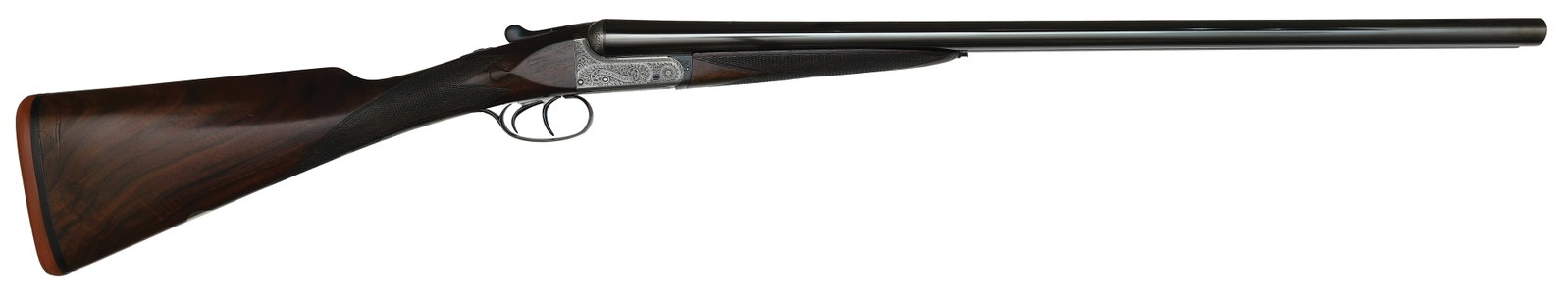 BEAUTIFUL JOHN RIGBY & CO. "THE CHATSWORTH" 2 INCH LIGHTWEIGHT GAME GUN WITH CASE.: SN. 18227. Cal. 12ga. Built with 26" steel brls that have concave top rib with brass font bead. Rib engraved "JOHN RIGBY & CO. 43 SACKVILLE STREET, LONDON W. "THE CHATSWORTH" THE 2" CARTRIDGE." with s