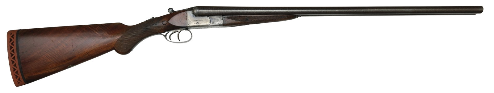 VERY USEFUL NITRO PROVED JOHN HARPER 16 BORE GAME GUN.: SN. 1718. Cal. 16ga. Built with 27" damascus brls that have matted concave top rib with small brass front bead. Brl flats with 2-3/4" 1-1/8oz. nitro proof stamps. Walnut splinter forend with Anson typ