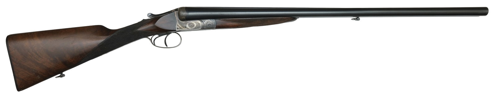 LIGHTWEIGHT JOSEPH DEFOURNY 12 GAUGE GAME GUN.: SN. 6375-1. Cal. 12ga. Built with 26-3/4" "FIRST CLASS CRUCIBLE STEEL" brls that have matted concave top rib with small brass front bead. Makers name and address on top of brls. Breech 