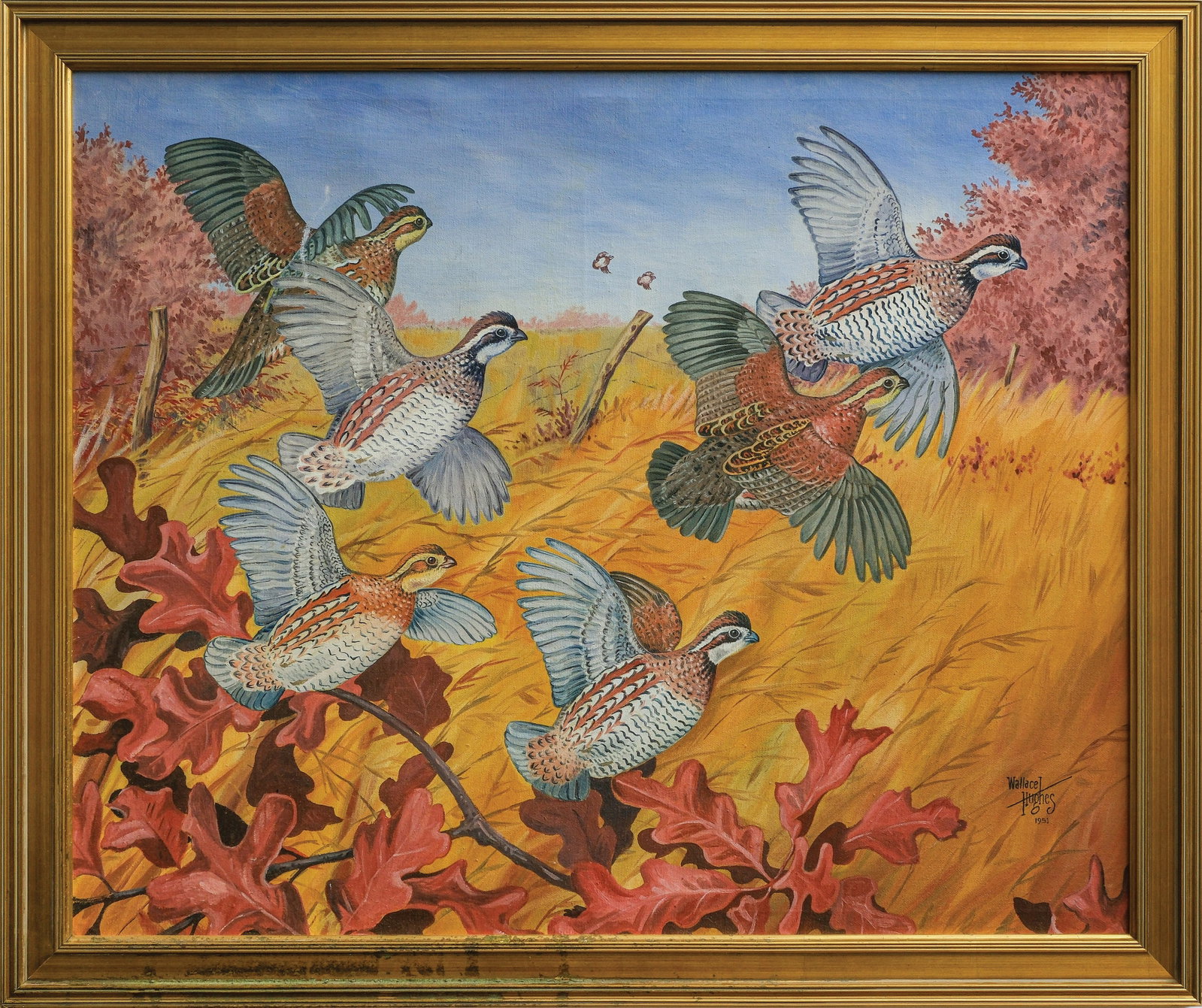 Wallace Hughes (20th century), oil on canvas.: Titled "Covey of Quail". Signed and dated lower right. Image measures 24" x 29.25". Frame measures 28" x 33.25".