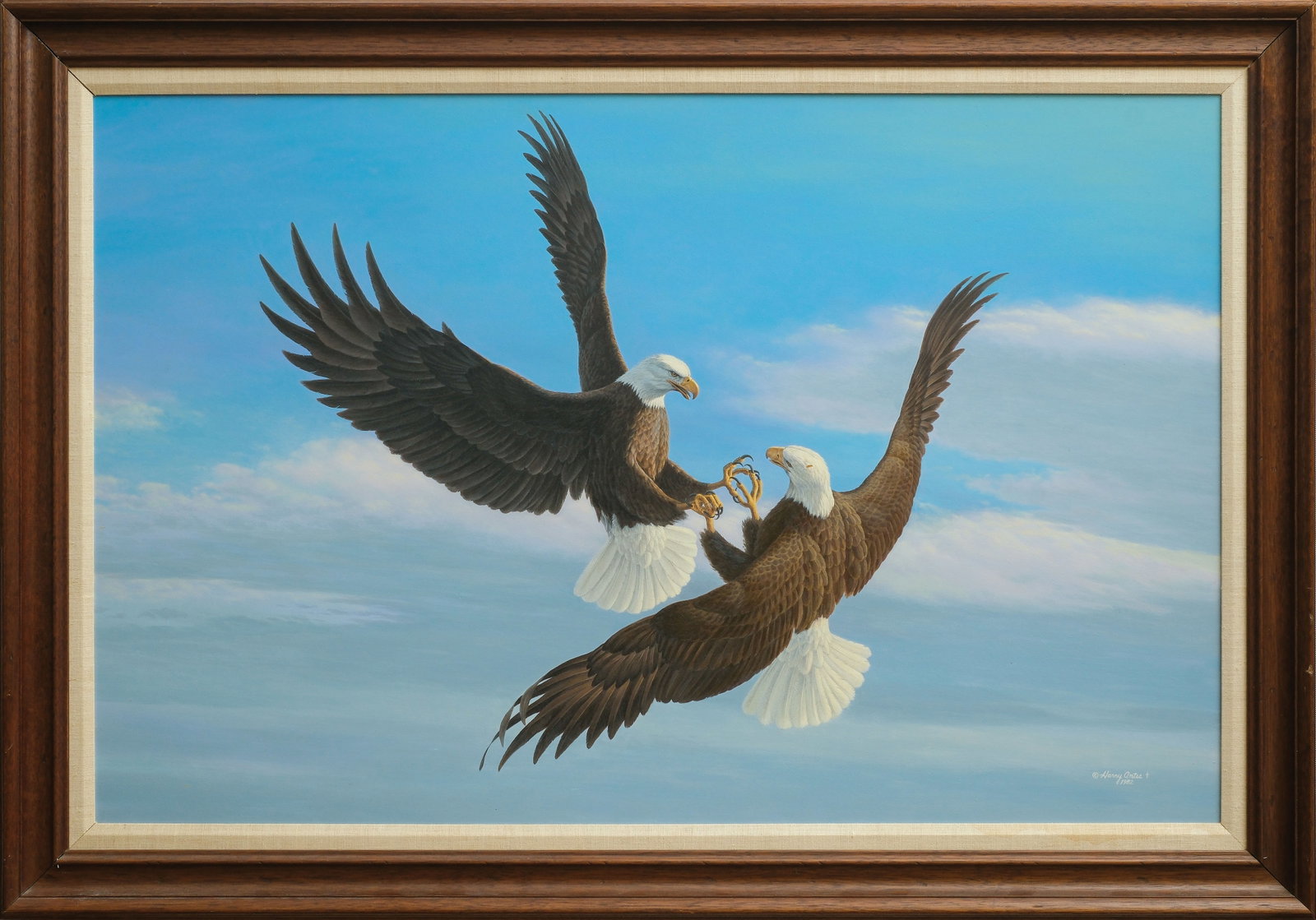 Harry Antis (1942-2002), oil on board.: Signed and dated lower right corner. Well executed fine detail image of two bald eagles fighting mid flight. Professionally matted and framed. Large image, measures 29.5" x 45.5", frame measures 37.5"