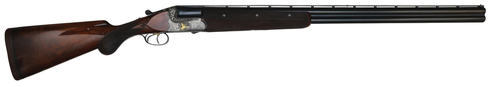 RARE BEST QUALITY F.W. HEYM GOLD INLAID 12 BORE PIGEON GUN.: SN. 5649. Cal. 12ga. Built with 32" Krupp fluid steel brls that have matted ventilated top rib with twin brass beads. Breech ends of brls are scroll-engraved and nitro proof stamped. Walnut 3 piece fo