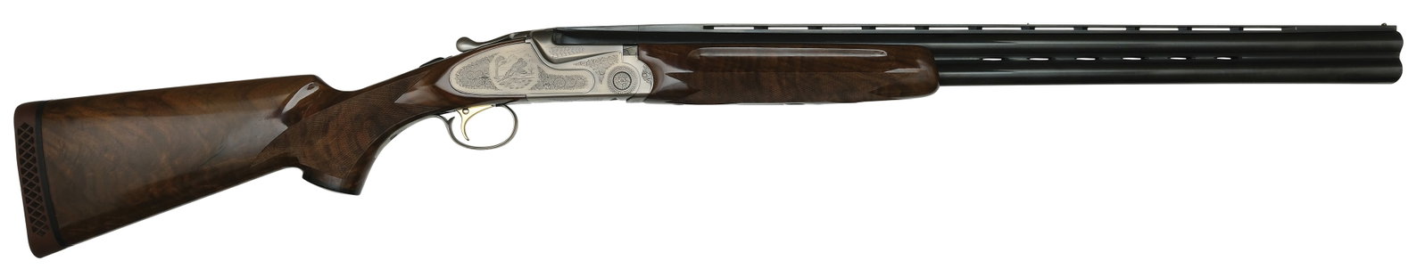 NEAR MINT SKB MODEL 885 12 BORE SHOTGUN WITH CASE.: SN. AS05367. Cal. 12ga. Built with 28" ventilated rib brls that have twin brass beads and usual maker's stamps on left side. Finger groove walnut forend is point pattern checkered with lightly en